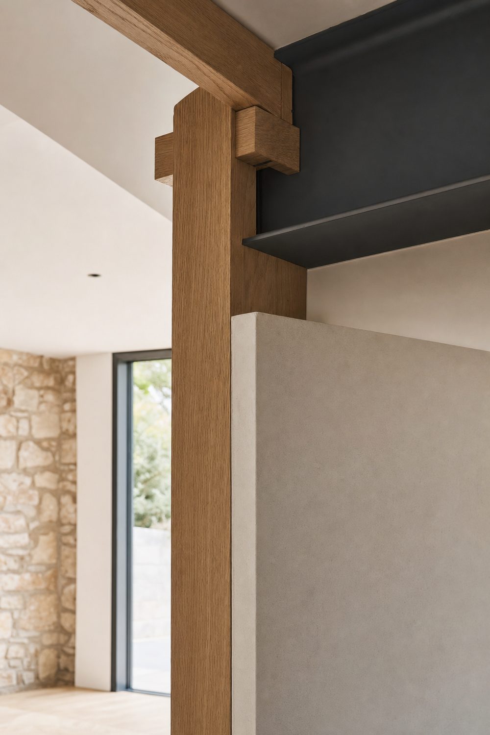 A precise junction of oak timber, steel and plaster in a high-end renovation
